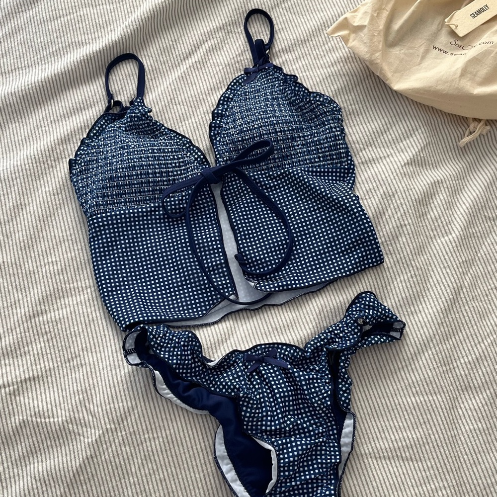 Seamolly Vintage Gingham Bowknot Decor Smocked Ruffles Tie Front Tankini Set